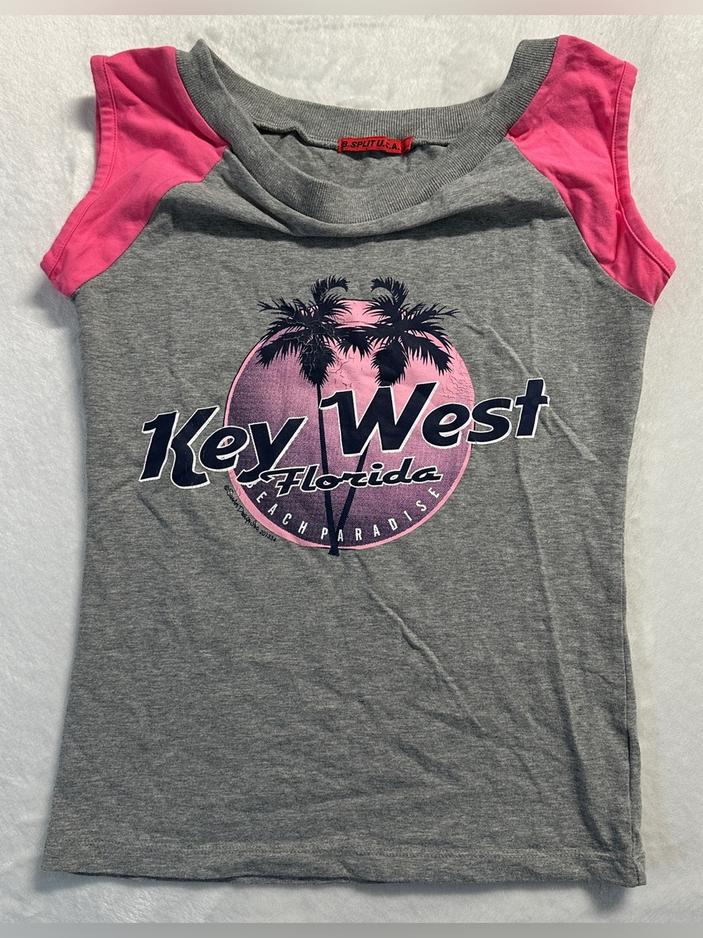 B SPLIT USA women's grey pink key west FL grkaphic baby tee, S.